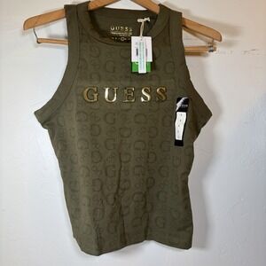 NWT Guess Y2K Top Women Large Army Green Shoulder Tank Cropped Bubble Letters